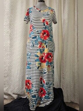 Striped Floral Maxi Dress in White with Colorful Blooms. Size Small